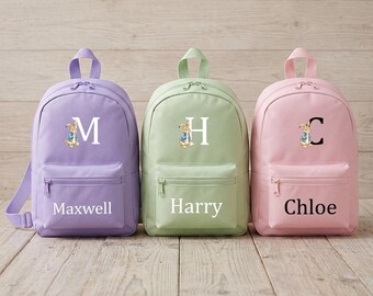 Personalised Kids Name & Initial Backpack, Custom Rabbit Toddlers Backpack, Back to School Bunny Bag for Kids, Kindergarten Boys School Gift
