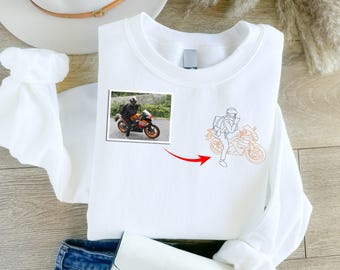 Sudadera con retrato de bicicleta bordado, boceto personalizado de bicicleta a partir de una foto, regalo para amantes de las motos, regalo para motociclistas para su novio.