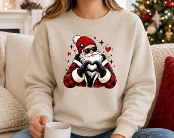 Lustiges Retro-Weihnachtspullover mit Weihnachtsmann, Weihnachtspullover mit Herzmotiv, karierter Weihnachtspullover mit Weihnachtsmannmotiv, festliches Weihnachtsgeschenk