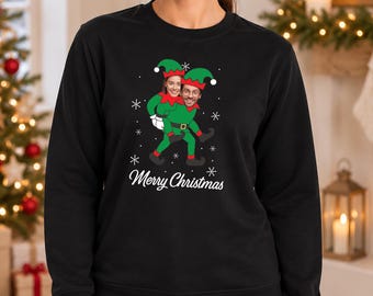 Personalisierter Weihnachtspullover mit Elfenfoto, individueller Weihnachtspullover mit Paarfoto, lustiger Weihnachtspullover mit Elfenmotiv, Weihnachtsgeschenk für Paare