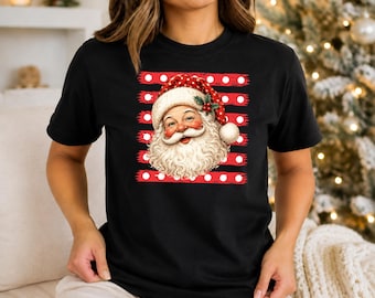 Gestreiftes Weihnachtsmann-T-Shirt, süßes Weihnachtsmann-Shirt, festliches Oberteil für die Weihnachtsfeier, Geschenkidee für die Winterzeit, Damen-Weihnachts-T-Shirt, Weihnachtsgeschenk