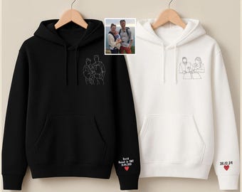Embroidered Portrait Sketch Hoodie, Custom Outline Drawing Hoody, Personalized Couple Date On Sleeve Jumper, Valentine Gift Romantic Present