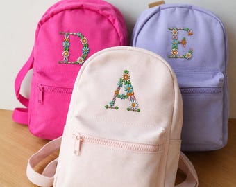 Flower Initial Girls Backpack, Personalised Embroidered Kids Bag, Custom Name Initial Nursery School Bag, Back to School Gift for Girls