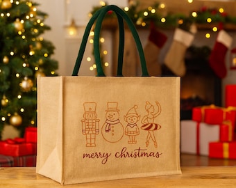 Sac cadeau joyeux Noël, sac festif en toile de jute, emballage des fêtes respectueux de l'environnement, sac cadeau de Noël réutilisable, cadeaux de Noël rustiques