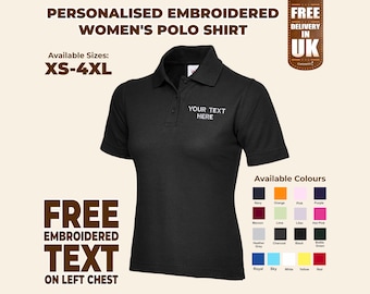 Embroidered Ladies Polo Shirt, Custom Logo or Text Monogram Polos, Personalised Workwear Uniform, Women's Business Polo, Custom Staff Shirt