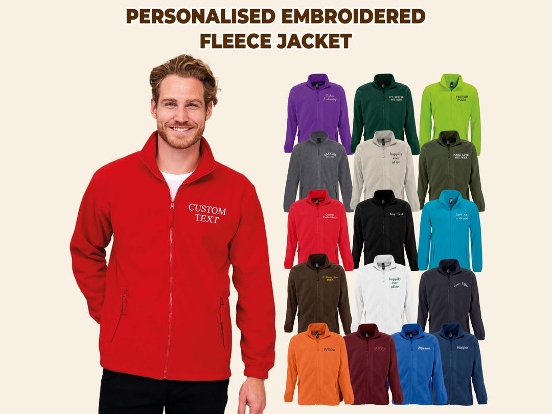 Custom Text Embroidered Fleece Jacket, Personalised Work Wear Zip up ...