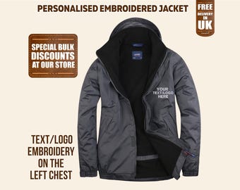 Chaqueta bordada para exteriores, chaqueta personalizada con cremallera, chaqueta con monograma con texto/logotipo personalizado, chaqueta impermeable con capucha para trabajo con cualquier texto.