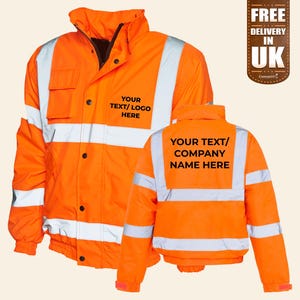 May include: Two bright orange safety jackets with reflective white stripes. The jacket on the left has the text "YOUR TEXT/LOGO HERE" on the front. The jacket on the right has the text "YOUR TEXT/COMPANY NAME HERE" on the back.
