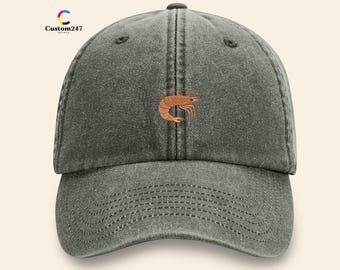Shrimp Embroidered Baseball Cap, Vintage Washed Dad Hat, Funny Seafood Hat, Adjustable Summer Cap, Unisex Coastal Beach Hat, Fisherman Gift