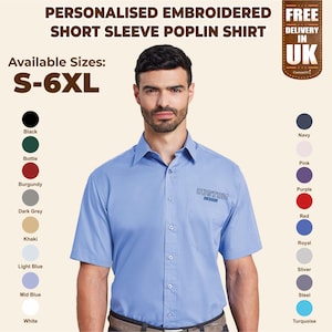 Custom Text or Logo Short Sleeve Shirt, Personalisd Embroidered Poplin Shirt, Business Uniform Shirt, Company Monogram Workwear Team Shirts