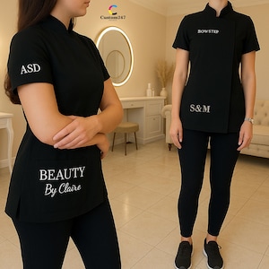 Túnica bordada para salão de beleza, blusas de uniforme personalizadas com texto/logotipo, blusa feminina de manga curta para artista de spa, uniforme de trabalho estético personalizado