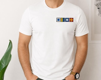 Personalised Nautical Flag Embroidered Tee, Custom Name in Flag T-Shirt, Captain Shirt with Maritime Flag, Sailing Gift for Nautical Lovers