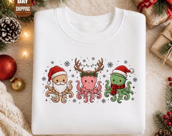 Weihnachtspullover mit Oktopus, Weihnachtspullover mit Oktopus, Weihnachtspullover mit Oktopus und Rentier, Weihnachtspullover mit Meeresmotiven, Weihnachtspullover mit Ozeanmotiv, Geschenk für Oktopus-Fans
