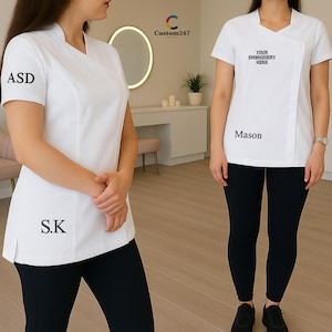 Túnica bordada para salão de beleza, blusas de uniforme personalizadas com texto/logotipo, blusa feminina de manga curta para artista de spa, uniforme de trabalho estético personalizado