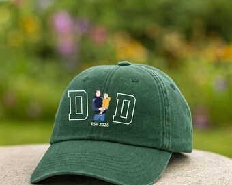 Custom Embroidered Dad and Me Portrait Cap, Personalised Embroidered Photo Cap with Est Year Date, Father Day Family Photo Sketch Cap