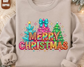 Weihnachtspullover mit fröhlichem Baum-Motiv, farbenfroher Weihnachtspullover für Damen, festliches Weihnachtsoutfit, Geschenkidee für Sie