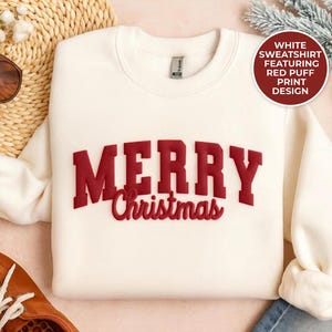 Embossed Christmas Sweatshirt, Merry Xmas Holiday Puff Print Crewneck, Christmas Matching Jumpers Gifts, Festive Sweater for Kids & Adults