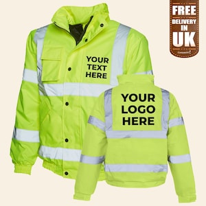 May include: A bright yellow safety jacket with reflective strips. The jacket has a zip closure and two pockets. The text "YOUR TEXT HERE" is printed on the front of the jacket and "YOUR LOGO HERE" is printed on the back.