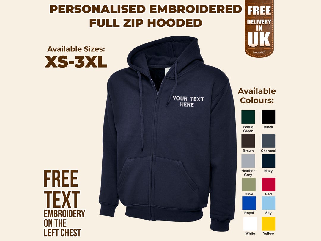 Personalised Logo or Text Zip up Hoodie, Custom Embroidered Monogrammed ...