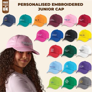 Custom Embroidered Kids Baseball Hat, Personalised Text or Logo Monogram Hat, Children&#39;s Adjustable Cap, Birthday Gift for Boys and Girls