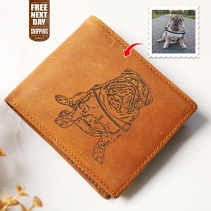 Personalised Engraved Leather Wallet-Custom Photo Portrait Mens Wallet-Anniversary Gift for Him-Memorial Birthday Gift for Hubby, Dog Dad