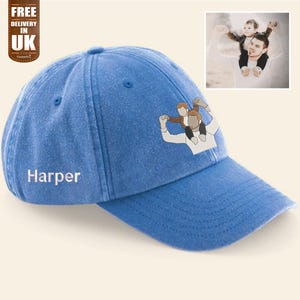 Custom Embroidered Portrait Dad Hat with Name, Personalised Drawing Sketch Cotton Cap, Memorial Gift for Father&#39;s Day, Birthday Gift for Dad
