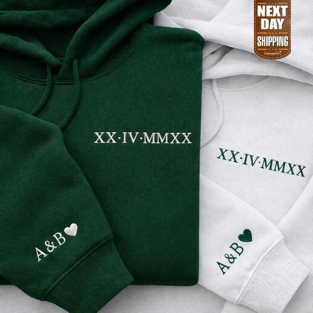 Embroidered Roman Numeral Matching Hoodie, Custom Anniversary Date