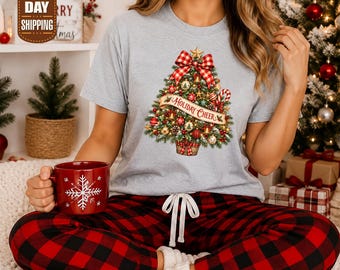 Weihnachts-T-Shirt mit Weihnachtsbaum-Motiv, Retro-Weihnachtshemd mit Karomuster und Schleife, T-Shirt mit Weihnachtsbaum-Ornamenten, festliches Oberteil für die Weihnachtsfeier, Weihnachtsgeschenk