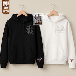 Embroidered Portrait Sketch Hoodie, Custom Outline Drawing Comfy Hoody, Personalized Couple Date On Sleeve Jumper, Memorial Gifts for him