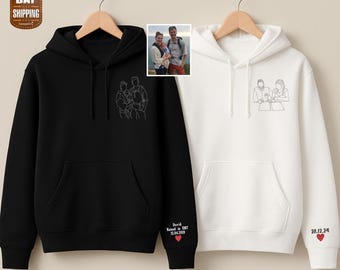 Embroidered Portrait Sketch Hoodie, Custom Outline Drawing Comfy Hoody, Personalized Couple Date On Sleeve Jumper, Memorial Gifts for him