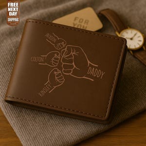 Custom Dad Fist Bump Leather Wallet, Engraved Kids Name Wallet for Dad, Personalised Fathers Day Wallet Gift, Best Dad Ever Gift from Kids