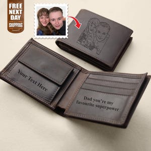 Personalised Engraved Leather Wallet-Custom Photo Portrait Wallet-Mens Wallet-Anniversary Gift for Him-Memorial Birthday Gift for Hubby,Dad