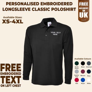 Może przedstawiać: Czarna koszula polo z długim rękawem z haftem "YOUR TEXT HERE" w kolorze białym na piersi. Dostępna w rozmiarach XS-4XL i w różnych kolorach.