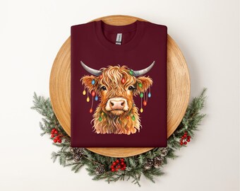 Weihnachtspullover mit Hochlandrindmotiv, Weihnachtspullover mit Kuh-Lichtern, lustiger Weihnachtspullover mit Bauernhoftieren, festlicher Kuh-Weihnachtspullover, Geschenk für Kuhliebhaber