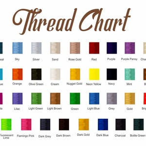 May include: A thread chart with 40 different colors of thread. The colors are arranged in rows and columns, and each color is labeled with its name. The chart is titled "Thread Chart".