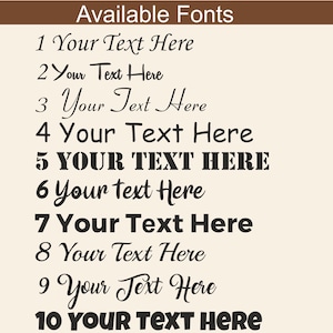 May include: A list of 10 different font styles, each with the text "Your Text Here" in the font. The fonts range from casual script to bold and blocky.