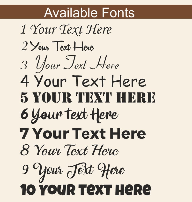 May include: A list of 10 different font styles, each with the text "Your Text Here" in the font. The fonts range from casual script to bold and blocky.