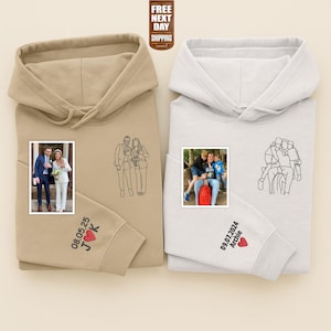 Embroidered Sketch Portrait Hoodies, Custom Outline Drawing Comfy Hoody, Personalised Couple Date On Sleeve Jumpers, Memorial Gifts for him