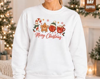 Weihnachtspullover mit Lebkuchen- und Zuckerstangenmotiv, Weihnachtspullover mit heißer Schokolade, Kuscheliger Winterpullover, Weihnachtsgeschenk