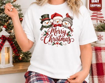 Fröhliche Weihnachten, Schneemann-T-Shirt, süßes Schneemann-Weihnachts-T-Shirt, Weihnachtsmannmütze-Schneemann-Oberteil, festliches Weihnachtsparty-T-Shirt, Weihnachtsgeschenk