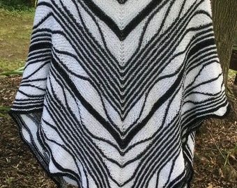 Hand Knitted Butterfly Shawl: Black & White Vegan Triangle Scarf