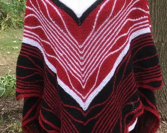 Hand Knitted Butterfly Shawl: Red, White, and Black Vegan Scarf