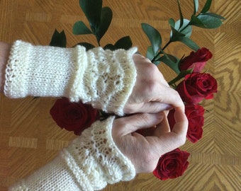 Romantic - Wrist Warmers - Enchanted Fairytale - Boho - Hand Knitted - Lace -  Ivory White