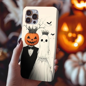 Halloween Couple Phone Case, Pumpkin Head and Ghost Bride iPhone Cover, Spooky Gothic Love Gift, iPhone & Samsung BESTSELLER