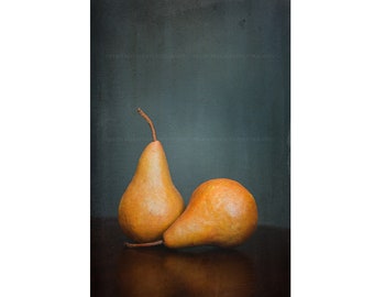 Photograph of Two Brown Pears as Fruit Print for Kitchen Wall Art, Ready to Frame Moody Blue Brown Tones Print for Restaurant Dining Room