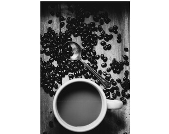 Black and White Photograph of Coffee and Coffee Beans as Kitchen Wall Art, Artwork for Coffee House, Caffeine Enthusiast or Coffeeholic Gift