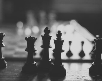 Black and White Photograph of Chess Pieces, Monochrome Wall Art as Home Decor Idea, Gift for Chess Player, Ready to Frame Chess Print