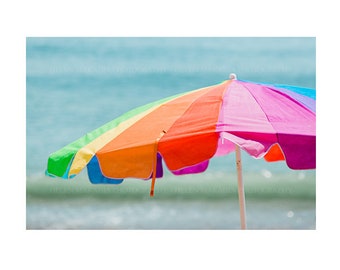 Photograph of Beach Umbrella, Cape Cod Art, Colorful Beach Wall Art, Ready to Frame, Nautical Bathroom Beach House Wall Decor