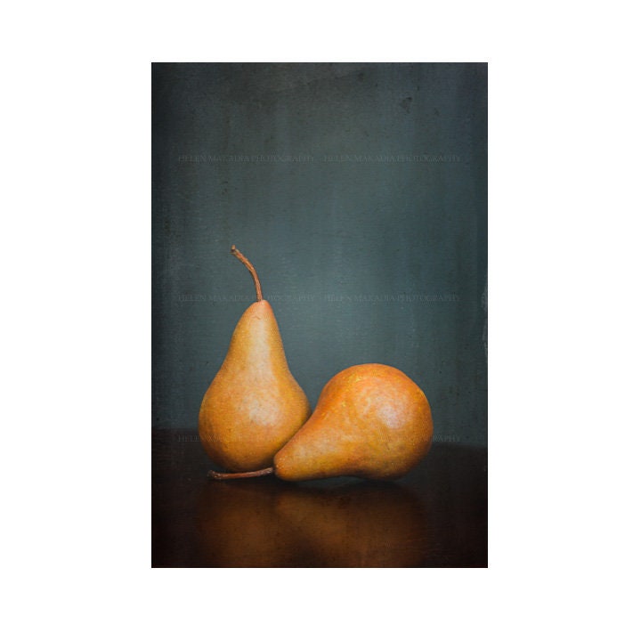 Kitchen Wall Art, Two Rustic Pears, Moody Food Art, Pear Photograph, Fruit Print, Dining Room Decor, Restaurant Decor, Brown Blue Wall Art