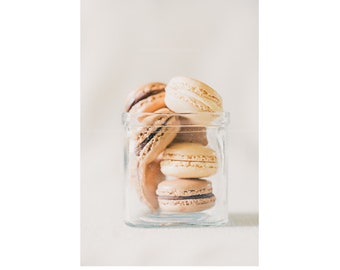 Photograph of Macarons in a Jar as Kitchen Wall Art in Color or Black and White, Ready to Frame Whimsical Food Print with Neutral Colors